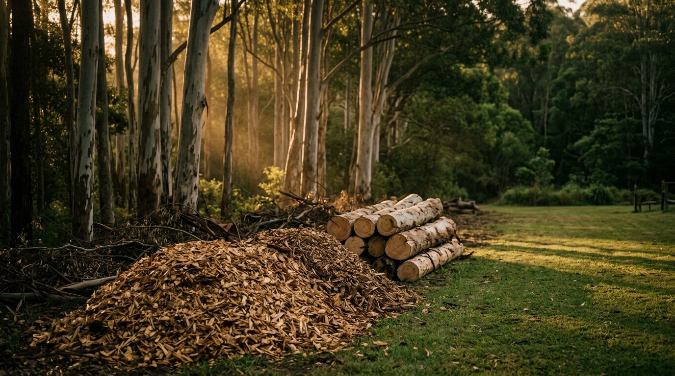A stack of fresh-cut logs in warm afternoon light