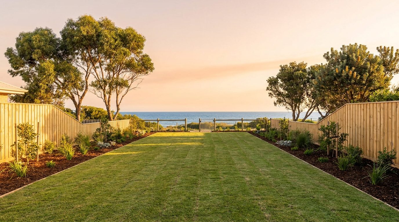 A tidy cleared backyard with the coast on the horizon