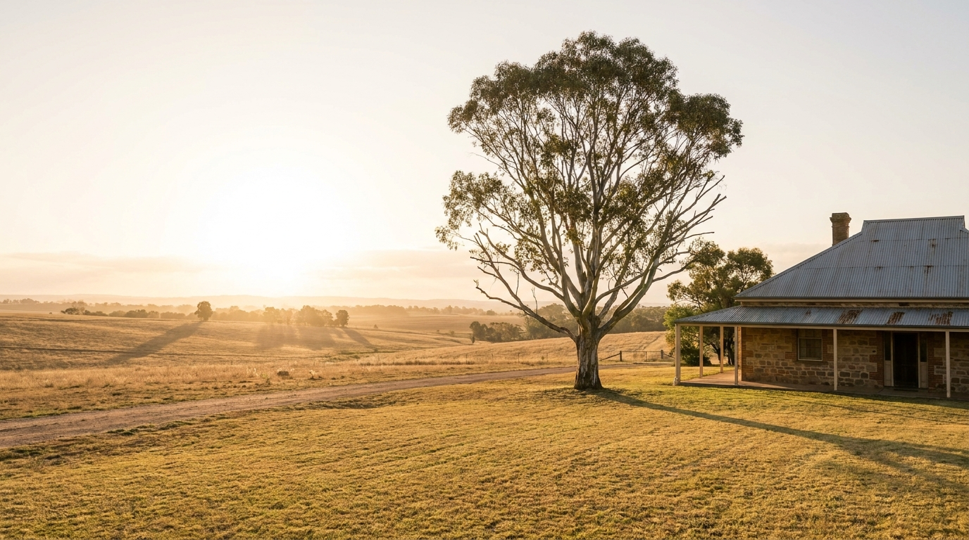 A lone tree beside a homestead under a golden sunset