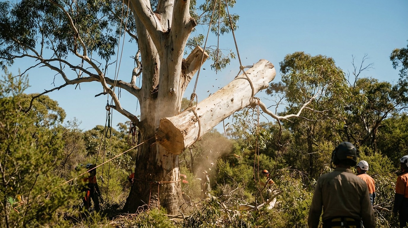 An arborist working at the base of a tall gum in soft light