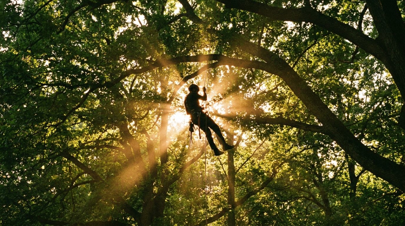 A climber silhouetted in the canopy against a golden sunburst
