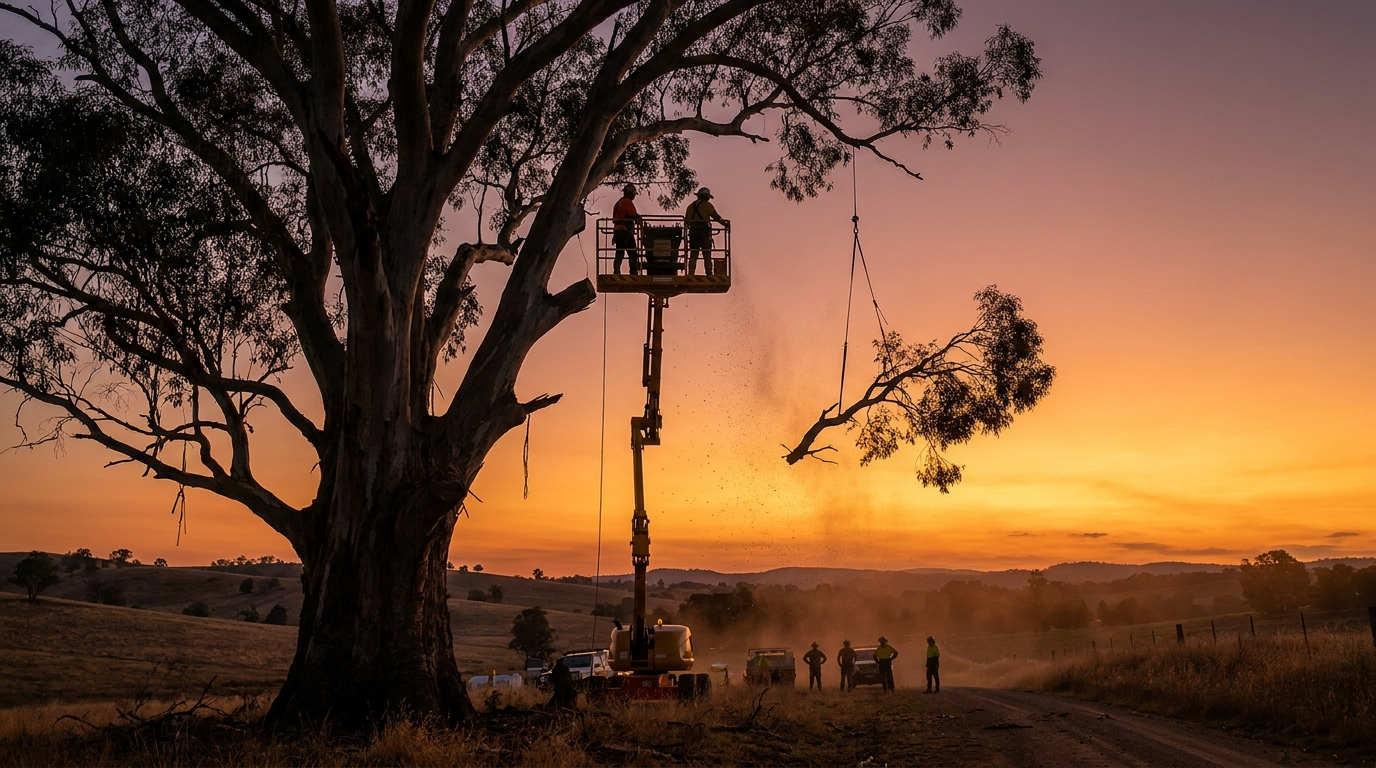 A tree crew felling a large tree from an elevated platform at dusk