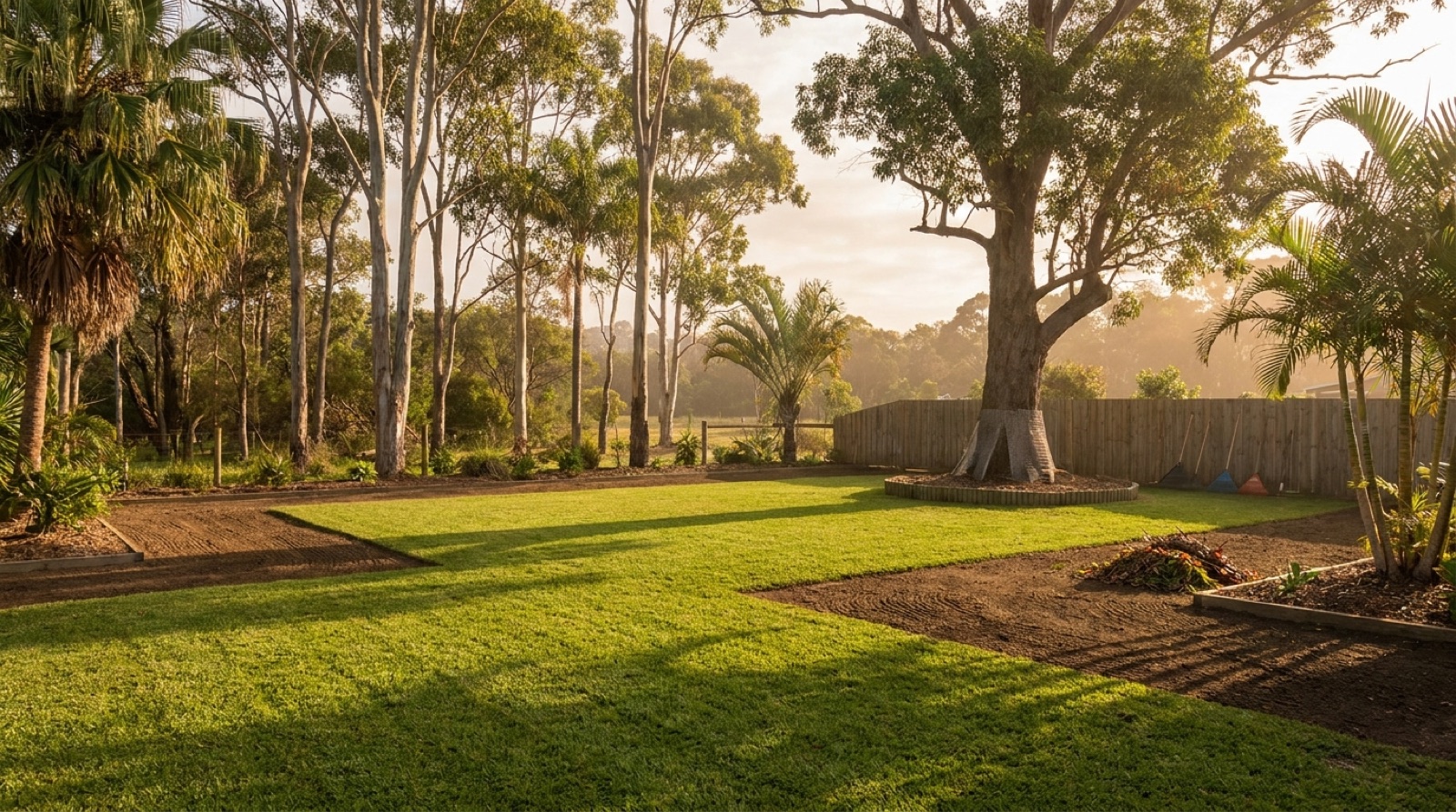 A cleared paddock with scattered gums at golden hour