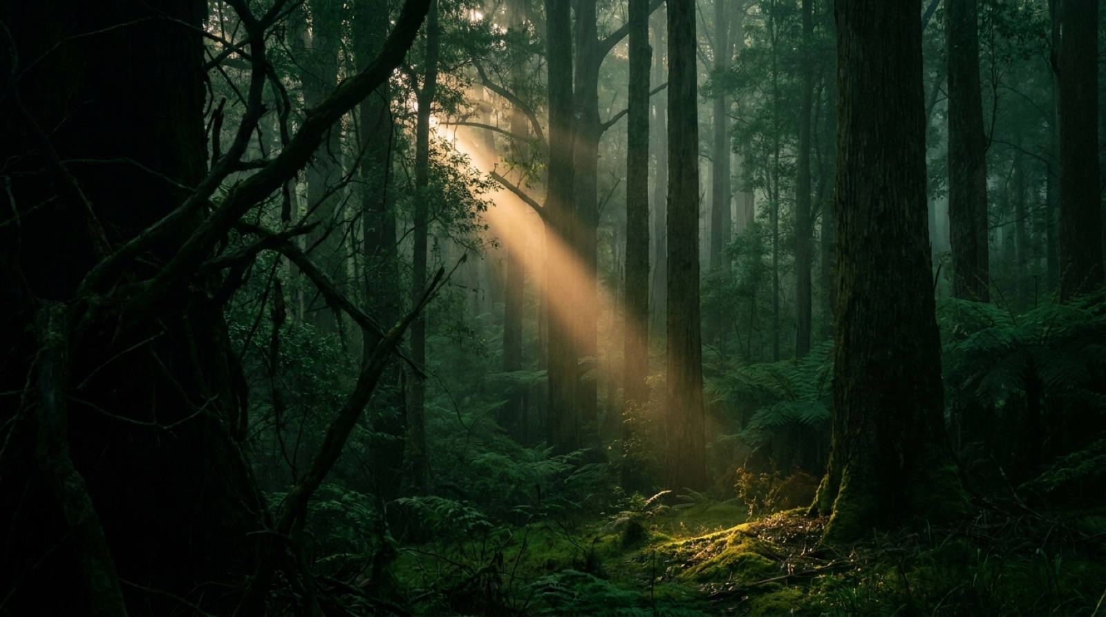 A shaft of morning light cutting through a dark forest canopy