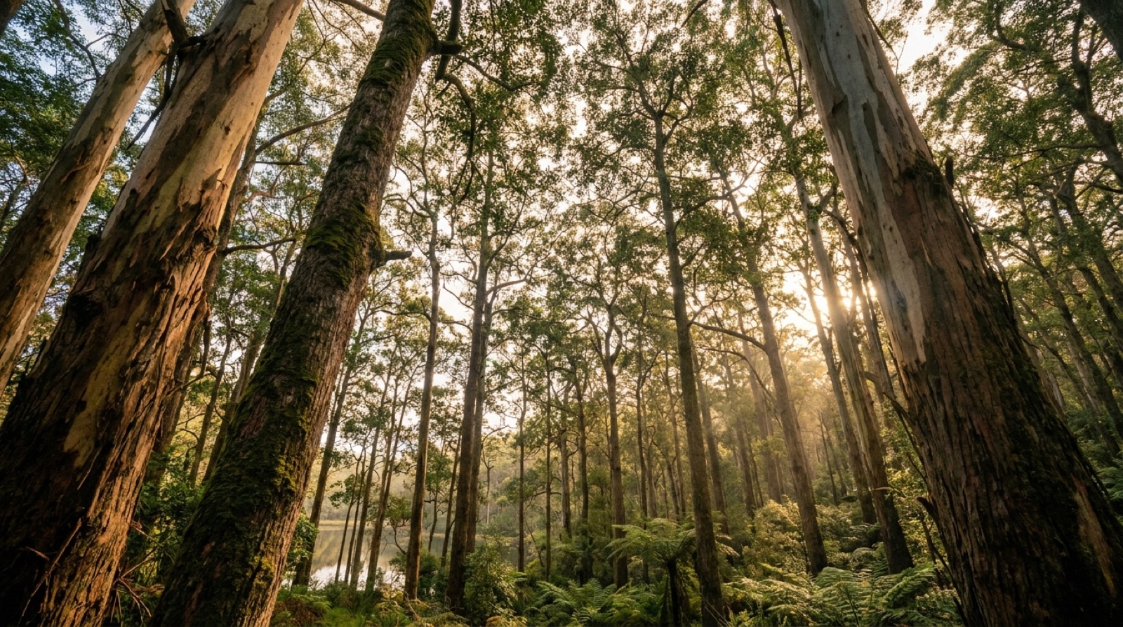Pale gum trunks rising into a soft green canopy