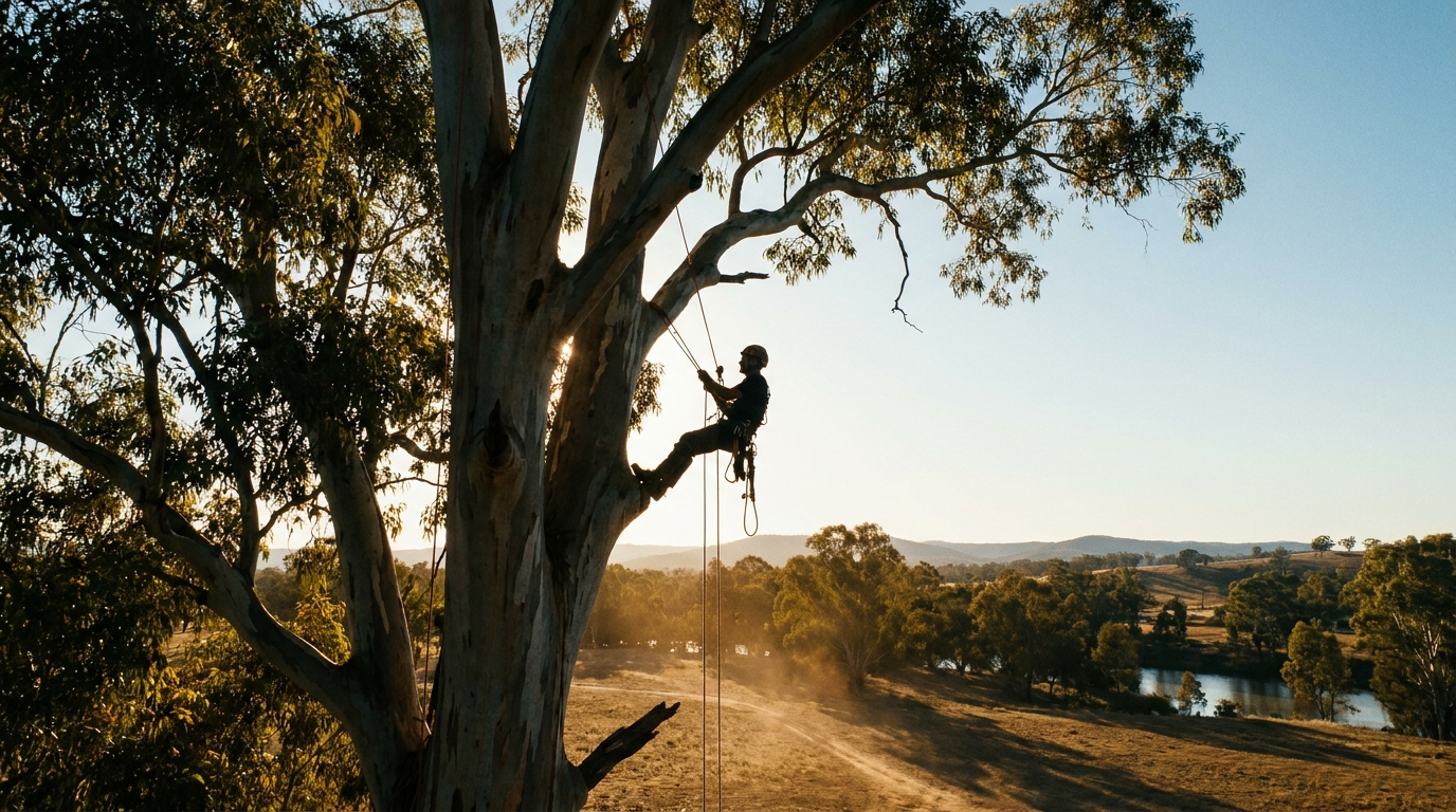 A climber silhouetted against the evening sky, working a tall tree
