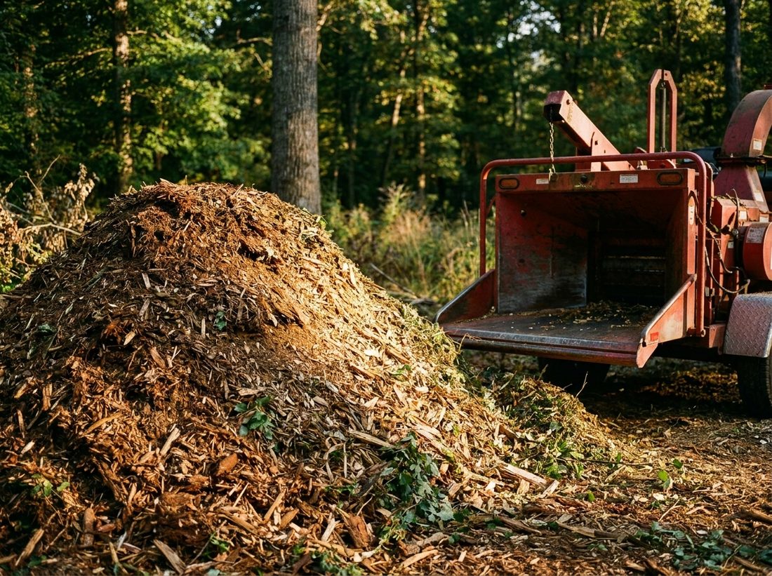A fresh mound of chip mulch beside the chipper