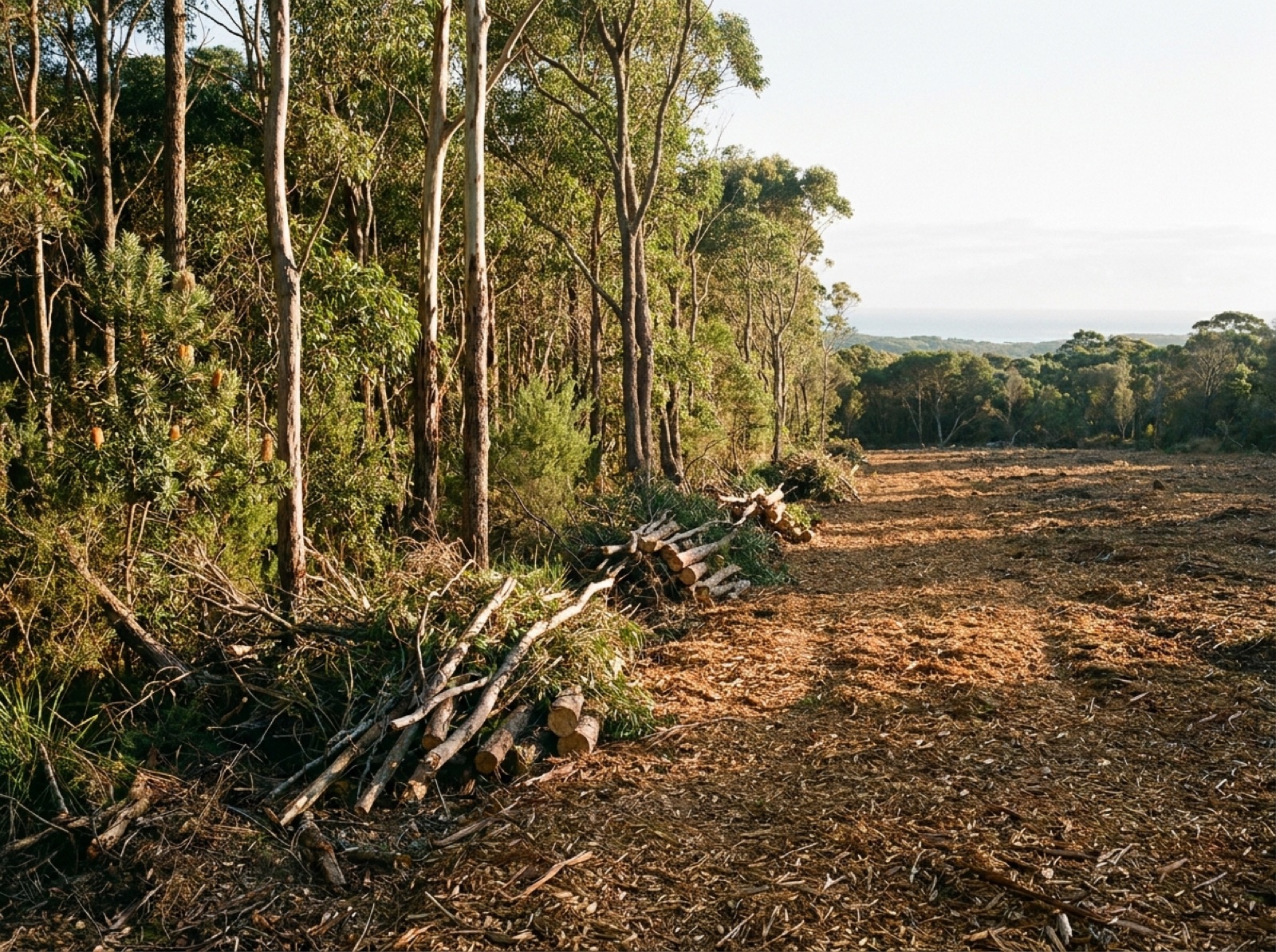 A rural block mid-clear with felled timber stacked in piles