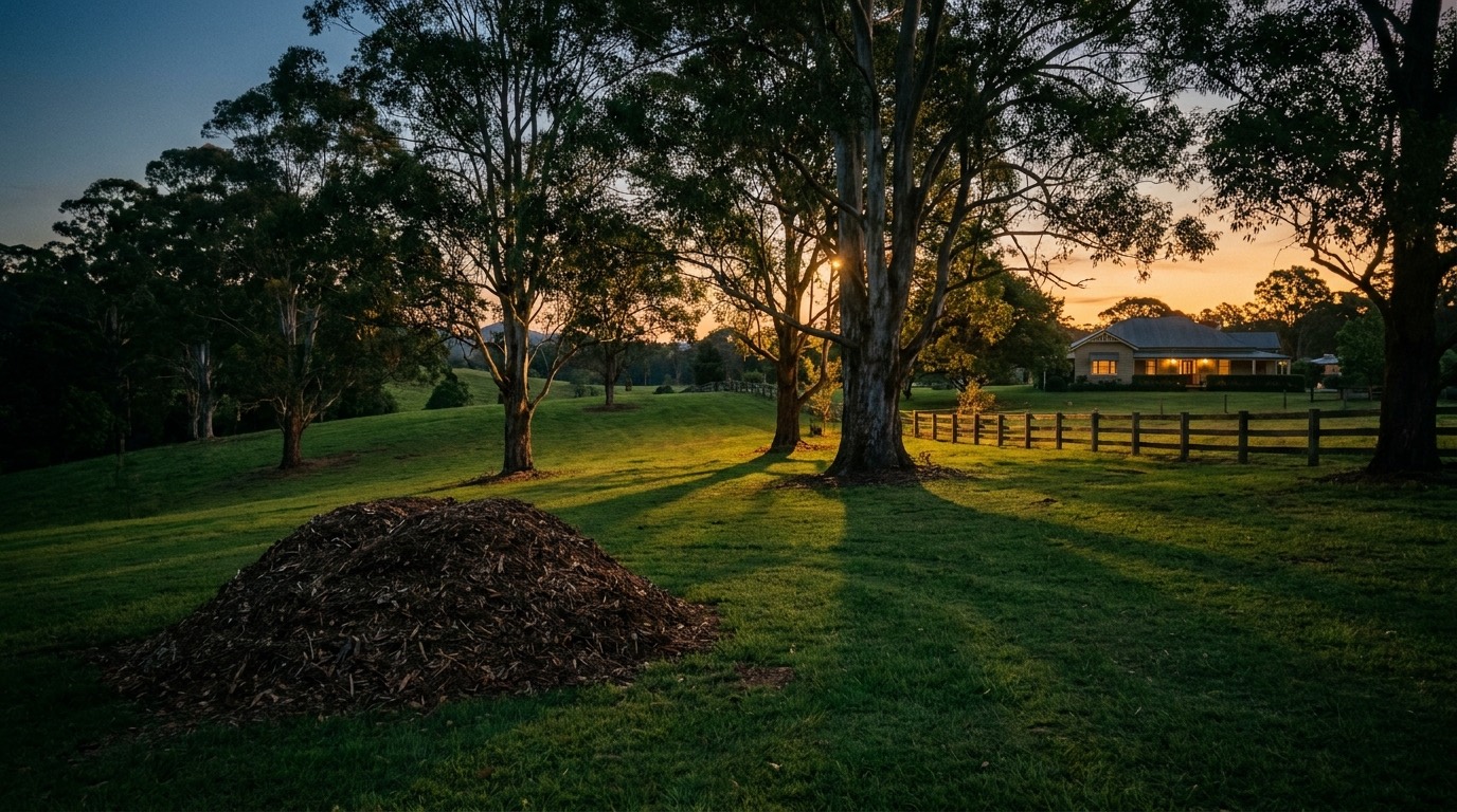 A fresh pile of chip mulch on a lawn beneath mature trees