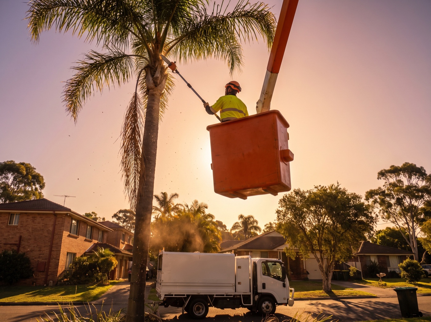 An arborist trimming a tall palm from an elevated bucket at golden hour