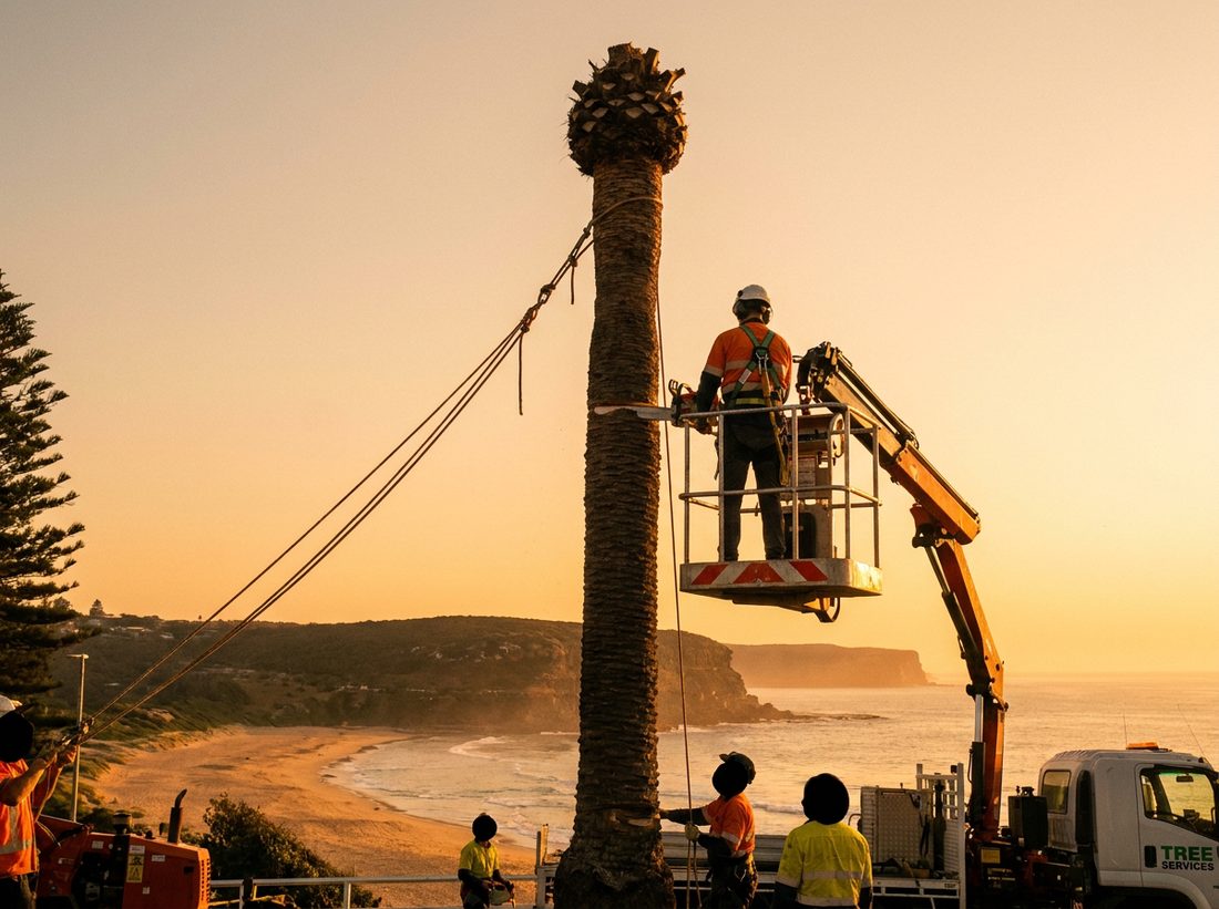An arborist in a lift trimming a row of tall palms at golden hour