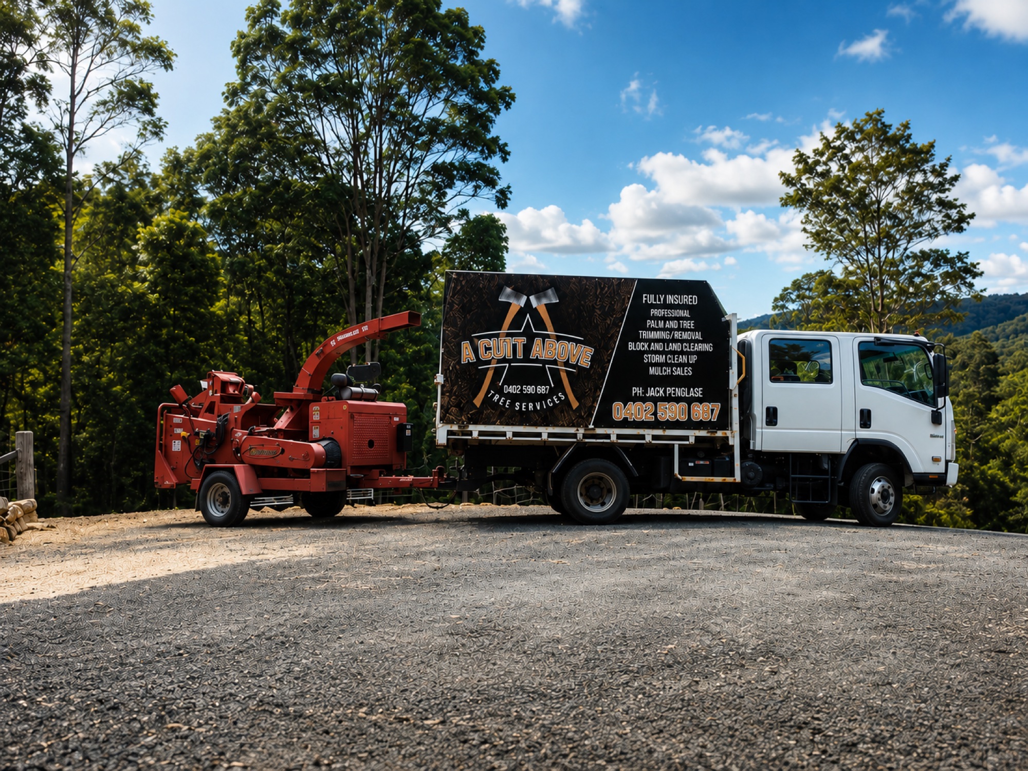 The A Cutt Above Tree Services truck and wood chipper on a cleared bush block on the Mid North Coast